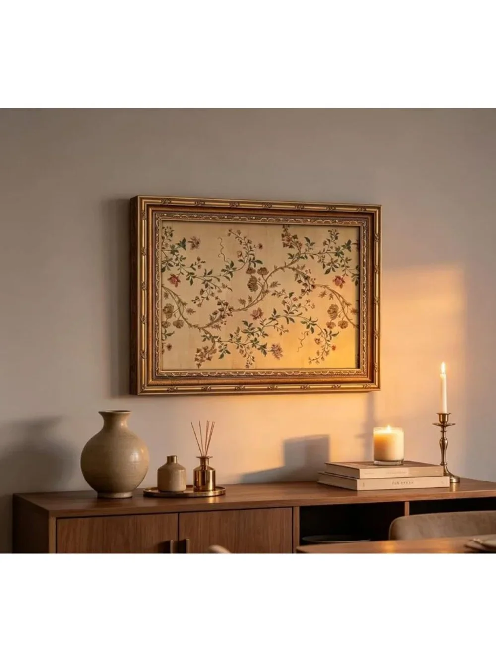 Vintage Floral Vine Wall Art - Elegant Beige Botanical Canvas Print 12x16in